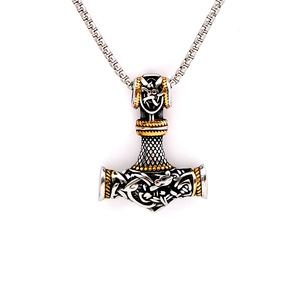 yunnique Thor's Hammer Pendant Stainless Steel Necklace Two Tone Gold 60cm <b>Chain</b> Viking Style Men's Jewelry Gift - Product Image 5