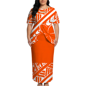 Nuovo Design Abito Maxi con Stampa Tribale Polinesiana e Ritaglio sul Petto, Vestito Puletasi Samoano, Abito a Maniche Corte Plus Size per Donna, Set 2 Pezzi - Product Image 1
