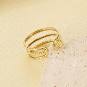 Fashion <b>Women</b> Geometric Textured Finger <b>Ring</b> Gold‑Plated Double Layer Bead‑Striped Inner Band <b>Stainless</b> <b>Steel</b> - Product Image 2