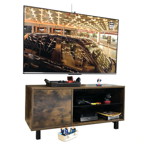 Console TV en bois rustique brun et verre avec rangement à ouverture par pression pour téléviseurs jusqu'à 65 pouces Modèle D0100HPIK9V pour salon et chambre à coucher - Product Image 1