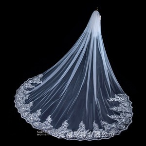Classic Trendy Sequin Tail One-Layer 300cm 100% Polyester Lace Edge Wedding Veil Embroidered Appliques Decoration Bridal Model - Product Image 4