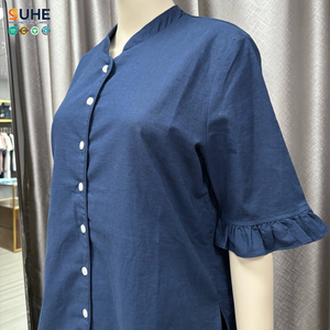 ชุดนอนผ้าลินินผู้หญิง SUHE พร้อมส่ง รับผลิตแบรนด์ส่วนตัว เสื้อแขนสั้นติดกระดุม กางเกงขาสั้นระบาย ชุดนอนฤดูร้อน รับผลิตแบบ OEM ODM - Product Image 5
