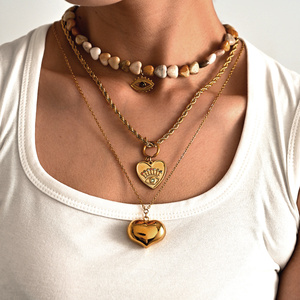 Stone And Stainless Steel Chains With <strong>Heart</strong>/Eyes <strong>Pendants</strong> Necklaces For Women Trendy Waterproof Neck Accessories Fashion Jewelry