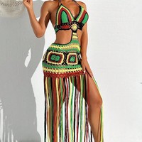 Robe de plage en crochet faite à la main, style halter, multicolore, à franges, découpée, style bohème, pour les festivals et les vacances
