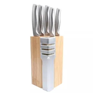 Conjunto de facas de cozinha com cabo oco de aço inoxidável 7 peças com bloco de madeira de borracha e apontador