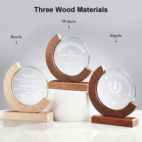 Trofeo de Cristal Circular Personalizado con Base de Madera, Placa de Vidrio Redonda con Impresión UV a Color, Reconocimiento Corporativo