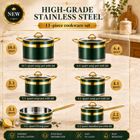 Ensemble de casseroles de luxe vert 11 pièces en acier inoxydable avec accents dorés - Pots polyvalents résistants au four et au lave-vaisselle pour la maison et la restauration