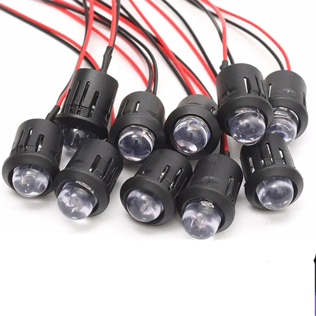 12V şeffaf Ultra parlak Led diyot ampul 10mm ön sabit LED ampuller ile 200mm teller ve plastik tutucu