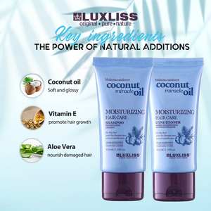 Champú Hidratante Luxliss para Cabello Seco, Cuidado Capilar Natural, Set de Viaje, Anti-Frizz, Sin Sulfatos, Champú y Acondicionador con Aceite de Coco - Product Image 3