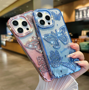 Sang trọng <span class=keywords><strong>flash</strong></span> màu hồng <span class=keywords><strong>Flash</strong></span> kim cương ba chiều bướm thời trang điện thoại di động Trường hợp đối với iphone16promax 15Pro 14 13 chống sốc - Product Image 2