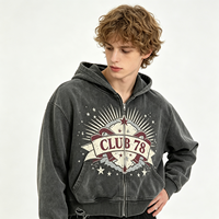 Sweat-shirt à capuche zippé gris streetwear effet délavé vintage, motif CLUB 78, pour homme et unisexe, vente en gros