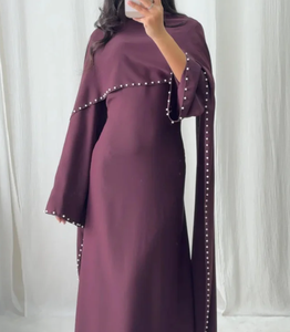 Abito Abaya in <span class=keywords><strong>Raso</strong></span> di Lusso Modesto per Feste Serali a Dubai 2026, <span class=keywords><strong>Vestito</strong></span> <span class=keywords><strong>Lungo</strong></span> Monocolore con Perline per Donna - Product Image 1
