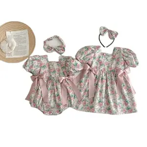 2024 design de mode nouveau-né bébé vêtements d'été à manches courtes onesie soeur robe filles jupe avec barboteuse en pur coton