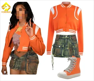 2024 เสื้อผ้าผู้หญิงหญิงแจ็คเก็ตสีส้มจับคู่กางเกงยีนส์วินเทจสีเขียวสองชุดกระโปรงยีนส์ pirece