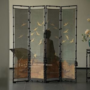 Classical Bamboo Crane Design Folding <b>Screen</b> Embroidered Silk Panel Room Divider Chinese Style <b>Partition</b> For Tea Room - Product Image 1