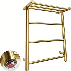Scaldasalviette Elettrico in Acciaio Inox Dorato, Radiatore Portasciugamani da Parete con Mensola per Bagno, Collegabile alla Presa - Product Image 5