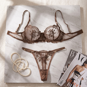 Wholesale Women's Floral Embroidery Sheer Mesh Underwire Bra and Thong <b>Set</b> Lace Plus Size Lingerie <b>Set</b> Comfortable <b>Sexy</b> Bra <b>Set</b> - Product Image 2