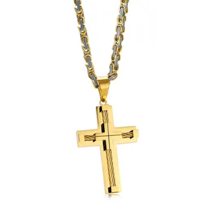 Colar de aço inoxidável cruz dupla de ouro de alta qualidade cruz 316 grande
