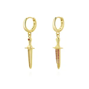 Laodun nuovi arrivi moda S925 orecchini Huggie spada creativa geometrica semplice CZ orecchini in argento Sterling Vermeil