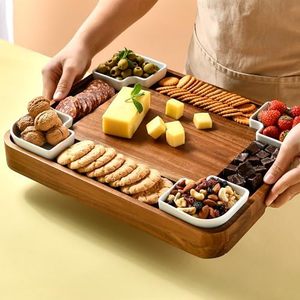 Juego de tablas de queso de madera de acacia con forma cuadrada al por mayor, organizador de 2 cajones, bandejas de acero inoxidable para servir queso de charcutería - Product Image 6