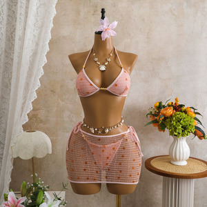 Black Sequin Mesh 3 Piece <b>Bikini</b> <b>Set</b> Women Sexy <b>Triangle</b> Swimsuit Tie Side Bottom With Mini Skirt OEM - Product Image 6