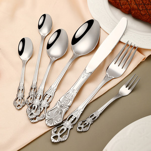 Set di posate di lusso all'ingrosso in acciaio inossidabile con manico barocco antico, argento vintage e oro, per matrimoni - Product Image 3