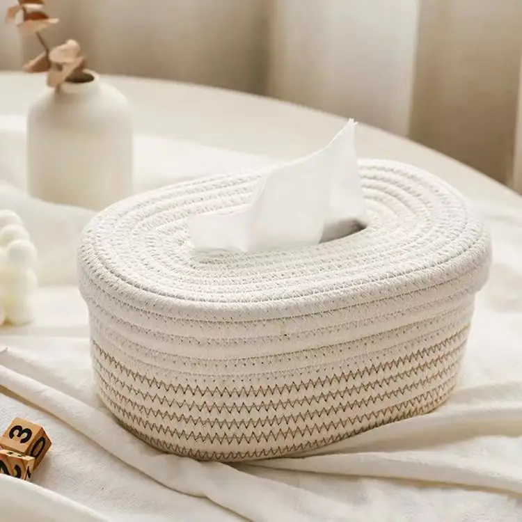 Decorative Cotton Rope Handmade Cylinder Tissue Box Cover Elegant Custom OEM Customized Style Tesco Time House Packing Modern