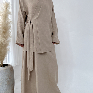 2024 Modest Women's Breathable Linen Kimono and Skirt Set 2pcs Loose Linen Suit <strong>Tops</strong> Skirt Outfits Muslim <strong>Kaftan</strong> Two Piece Set - Product Image 3