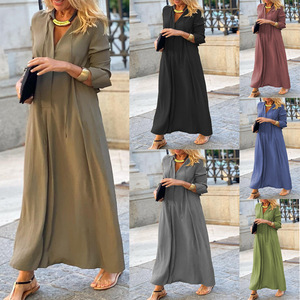 Vestido Camisero Maxi Acampanado de Manga Larga con Cuello en V para Mujer, Tallas Grandes, Color Sólido, Casual, con Bolsillos, Ideal para Dropshipping en Shopify - Product Image 2