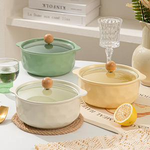 Tazón de Cerámica para Fideos Instantáneos con Tapa, Tazón Grande para Sopa con Doble Asa, Apto para Microondas, Uso Doméstico, Color Sólido, Primavera 2024 - Product Image 2