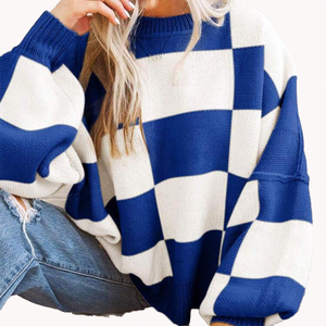 Pull ample à col rond en tricot à motif écossais pour femme, haut en tricot ample à col rond à motif écossais, haut d'extérieur pour femme - Product Image 1