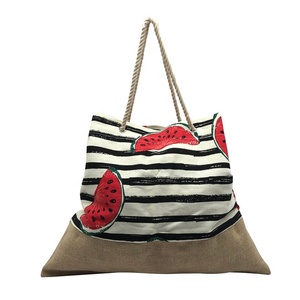Fábrica de Stock a granel buen precio personalizado verano grande de yute de algodón de las <span class=keywords><strong>mujeres</strong></span> Bolso Tote de playa - Product Image 4