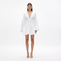 Robe courte blanche pour femme, col en V, manches longues, taille froncée, plissée, coupe trapèze, pour soirée, personnalisable OEM ODM