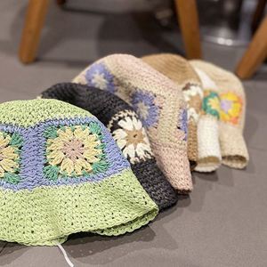 Wholesale Handmade Floral Fisherman's <b>Hat</b> <b>Straw</b> <b>Hat</b> Women Summer Outing Shade Crochet <b>Straw</b> Bucket <b>Hats</b> - Product Image 3