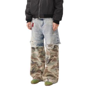 กางเกงยีนส์วินเทจสไตล์สตรีทแวร์แบบขายส่ง ลุคทำสีซีดขาดๆ แต่งผ้าปะติด ลายพราง ทรงหลวม ขากว้าง - Product Image 4