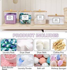 Porta-cialde per bucato in plastica vuota personalizzata con coperchio ed etichette in bambù - Product Image 5