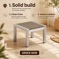 Table d'appoint carrée moderne pour extérieur, structure en aluminium brossé argenté, résistante aux intempéries, pour plateau à lattes, anti-rouille, table durable