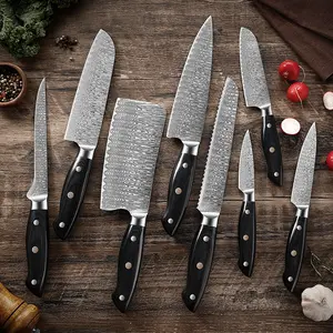 Newest 8PCS Professional Western Laser Pattern Cleaver Chef Damascus Knives Set Kitchen Knife Set