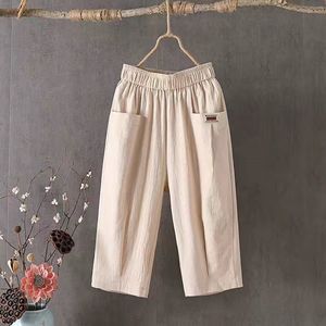 Women's Linen Capri Pants Elastic Waist Loose Fit Breathable Casual Harem Pants Blue 8207 - Product Image 4