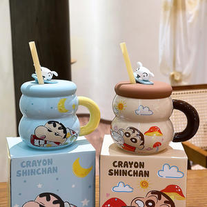 Mug en céramique Crayon Shin Chan avec couvercle et paille, design bleu dessin animé, pour café ou eau, tasse individuelle, cadeau - Product Image 3