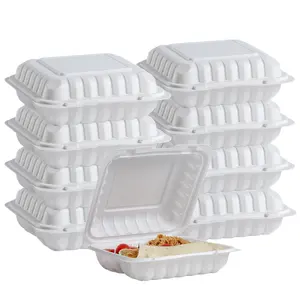 Sturdy Clamshell Takeout To Go Carryout Microwave Meal Trays 8X8 3 Compartment White MFPP Mineral Plastic Hinged Lid Container