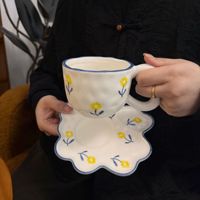 Ensemble tasse et soucoupe à café en céramique irrégulière, façonnée à la main, sous-glaçure, peinte à la main, haute esthétique, parfait pour le latte, le café, cadeau