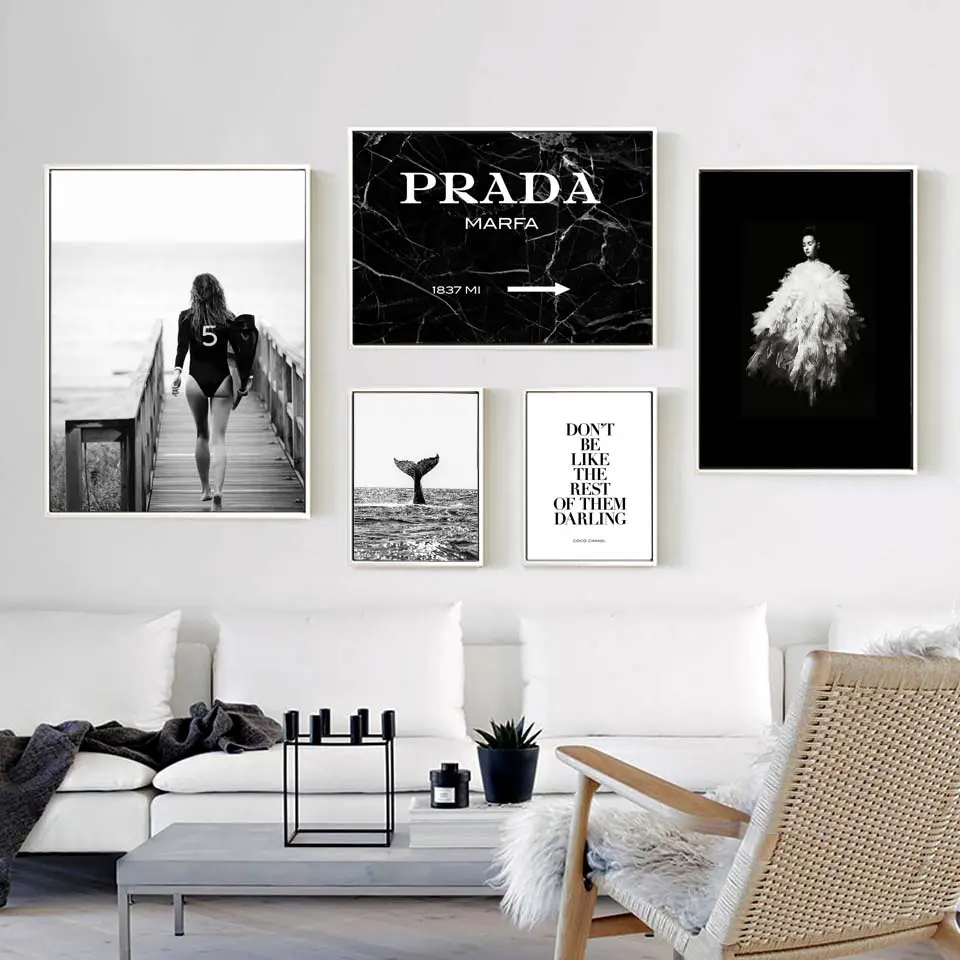 פוסטר אופנה אישה מכתב נורדי קיר פופ אמנות בד ציור שחור לבן תמונה הדפסי סלון לעיצוב בית