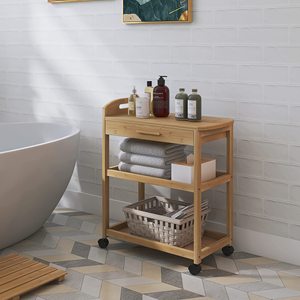 Chariot îlot de cuisine <span class=keywords><strong>sur</strong></span> roues avec tiroir de rangement et étagères, support de service utilitaire roulant à 3 niveaux en bambou avec support solide - Product Image 6