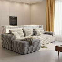 Canapé d'angle modulaire en velours côtelé gris moderne en forme de L, trois places, avec emballage sous vide, idéal pour appartement et hôtel, livré en boîte