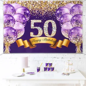 Feliz 40th 50th 60th cumpleaños telón de fondo banner púrpura globo impresión fiesta telón de fondo para decoraciones de cumpleaños