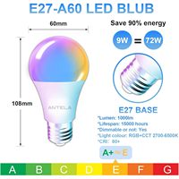 Bombilla LED Inteligente Antela E27 9W 1000Lm AC 85-265V Wi-Fi, Cambio de Color, Regulable, 2700-6500K, 25000 Horas, 2 Años de Garantía, CRI>90