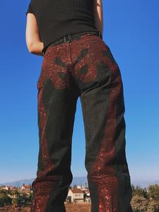 Custom High Waisted Skeleton <strong>Red</strong> Rhinestone Reconstructed <strong>Jeans</strong> <strong>Womens</strong> Black Denim Mom <strong>Jeans</strong> - Product Image 3