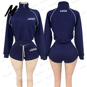 Personalisierbare Baumwolle Damen Kontrastfarben-Trainingsanzüge Langarm-Jacken mit Shorts Sport-Zweiteiler für Damen - Product Image 3