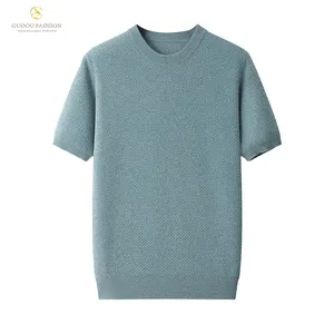 GUOOU Short Sleeved Cashmere Sweater Men 100% Cashmere New T-shirt Casual Round Neck Pullover